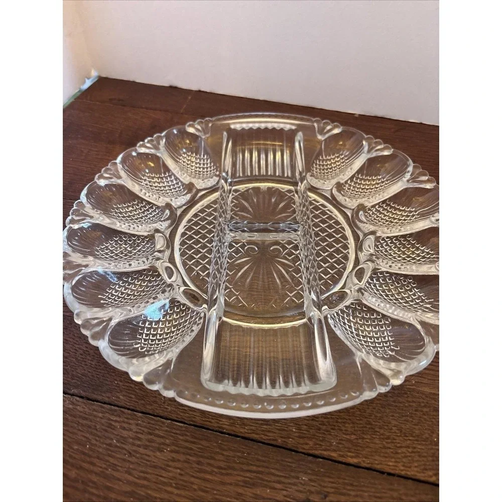 Vtg L.E. Smith‎ Clear Glass Deviled Egg Plate Platter Relish Tray Diamond Point